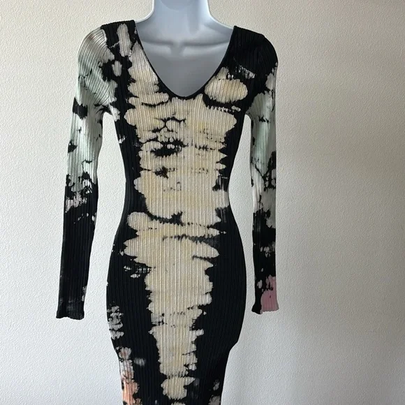 Ribbed Tie-Dye Dress L Bodycon V-Neck Bleach Wash Grunge Indie Sleaze Streetwear - Picture 3 of 13